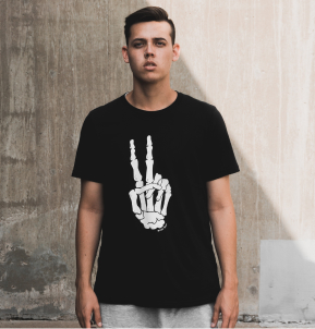 black t-shirt with a large white graphic of the skeleton of a hand, making the peace symbol